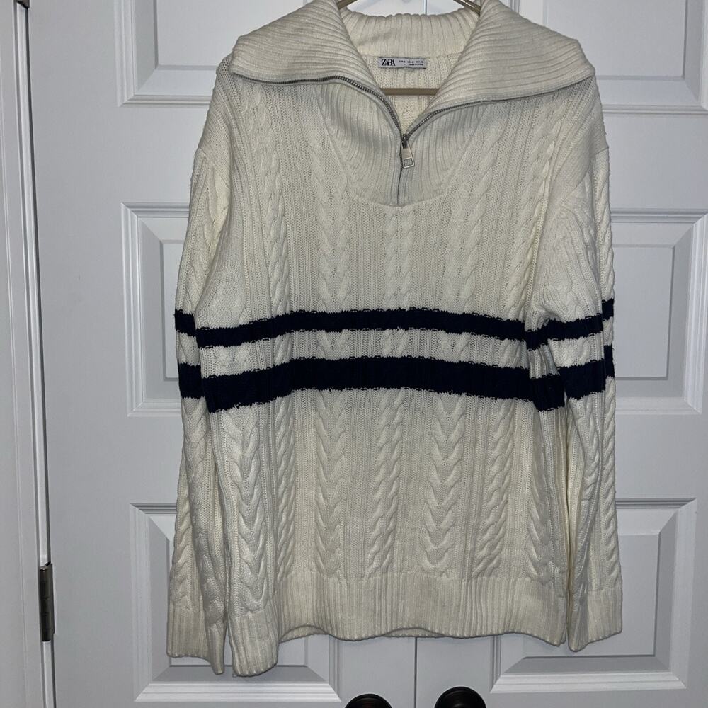 ZARA Women's Cream And Blue Striped Knit 1/4 Zip Long Sleeve Sweater Cozy Med Z